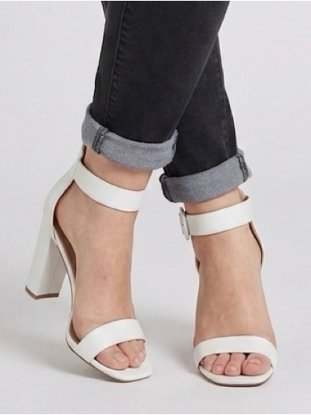 Rouge White Block Heel Sandals Ankle Strap Square Toe Size